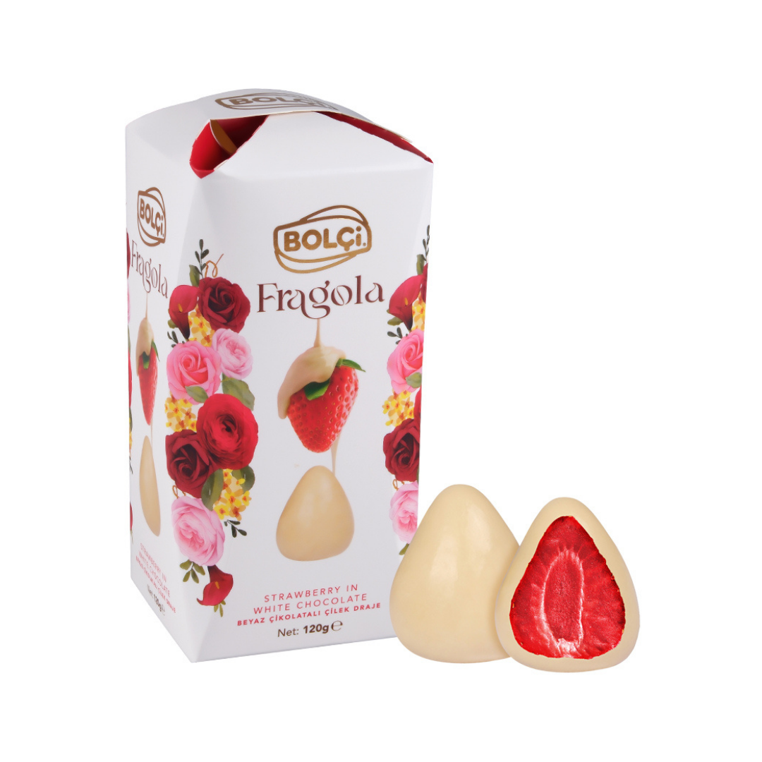 Chocolate bolci   120g   drageas de morango coberto com chocolate branco