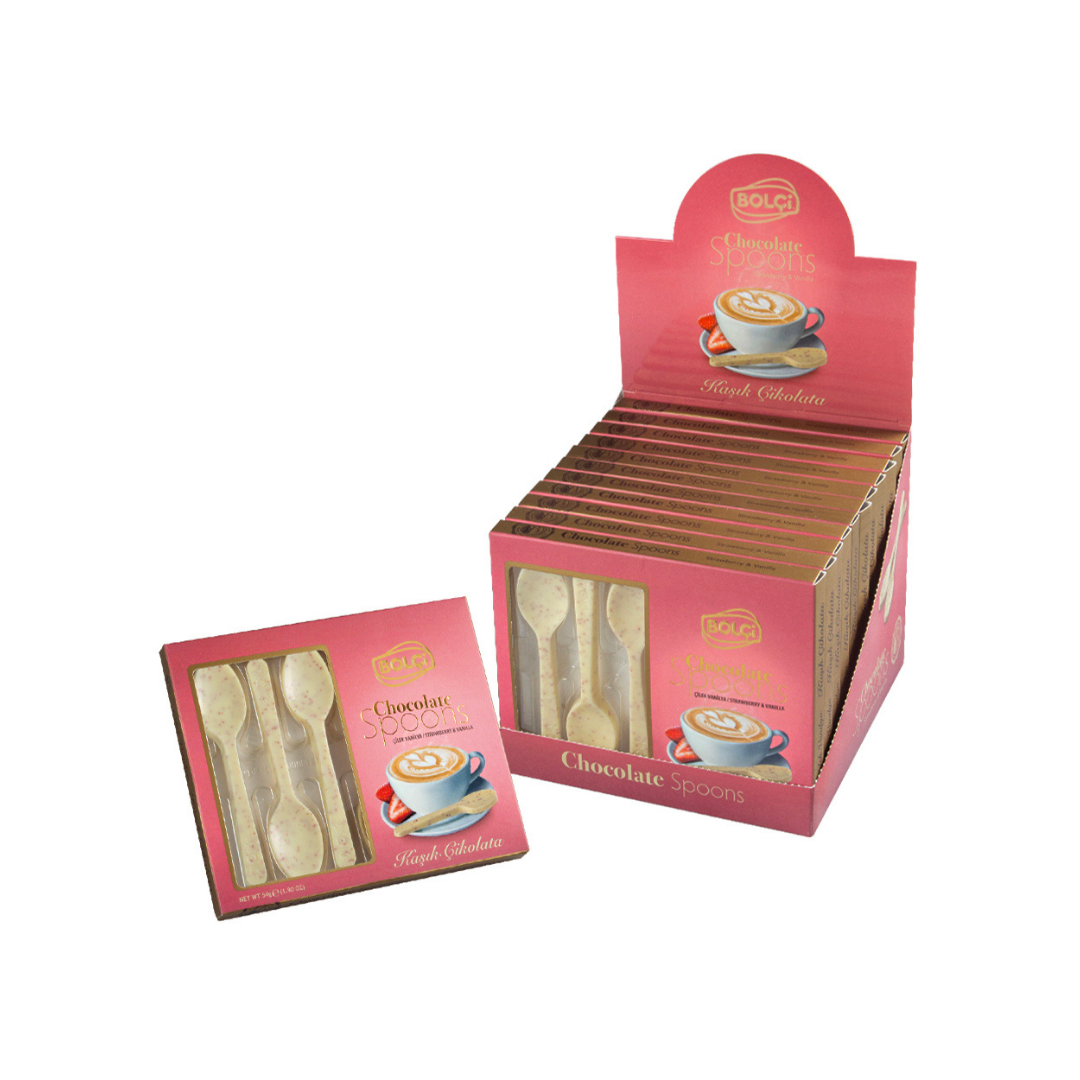 Chocolate bolci   54g   spoons   colheres de chocolate morango e baunilha